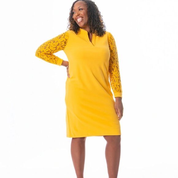 KASPER Lacey Lace-Sleeve Sheath Dress Gold Size M $99 - Picture 1 of 1